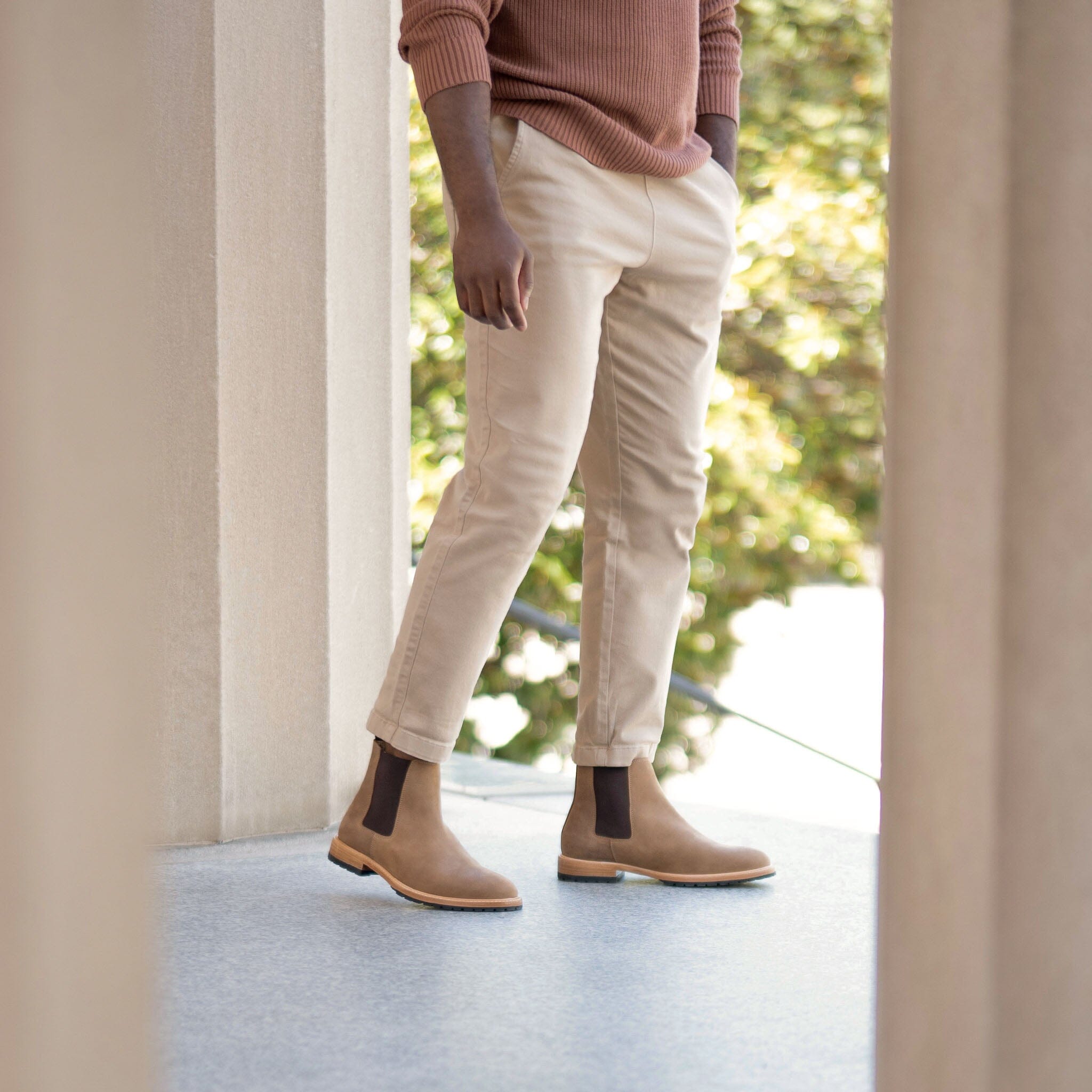 Khaki pants with hot sale chelsea boots