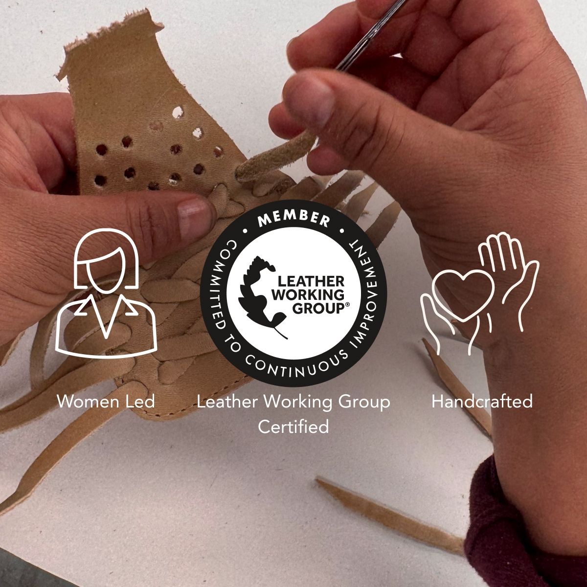 Hands working on leather with Leather Working Group certification logo and icons.